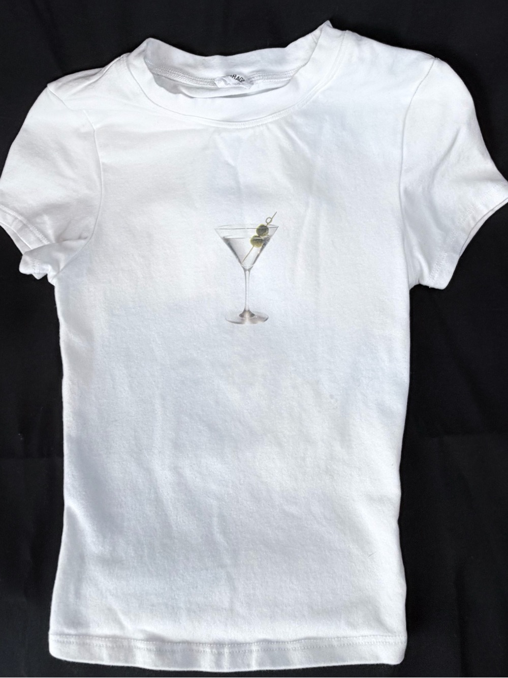 Garage White Graphic Baby Tee with Martini Glass Fitted Y2K Aesthetic XS|S